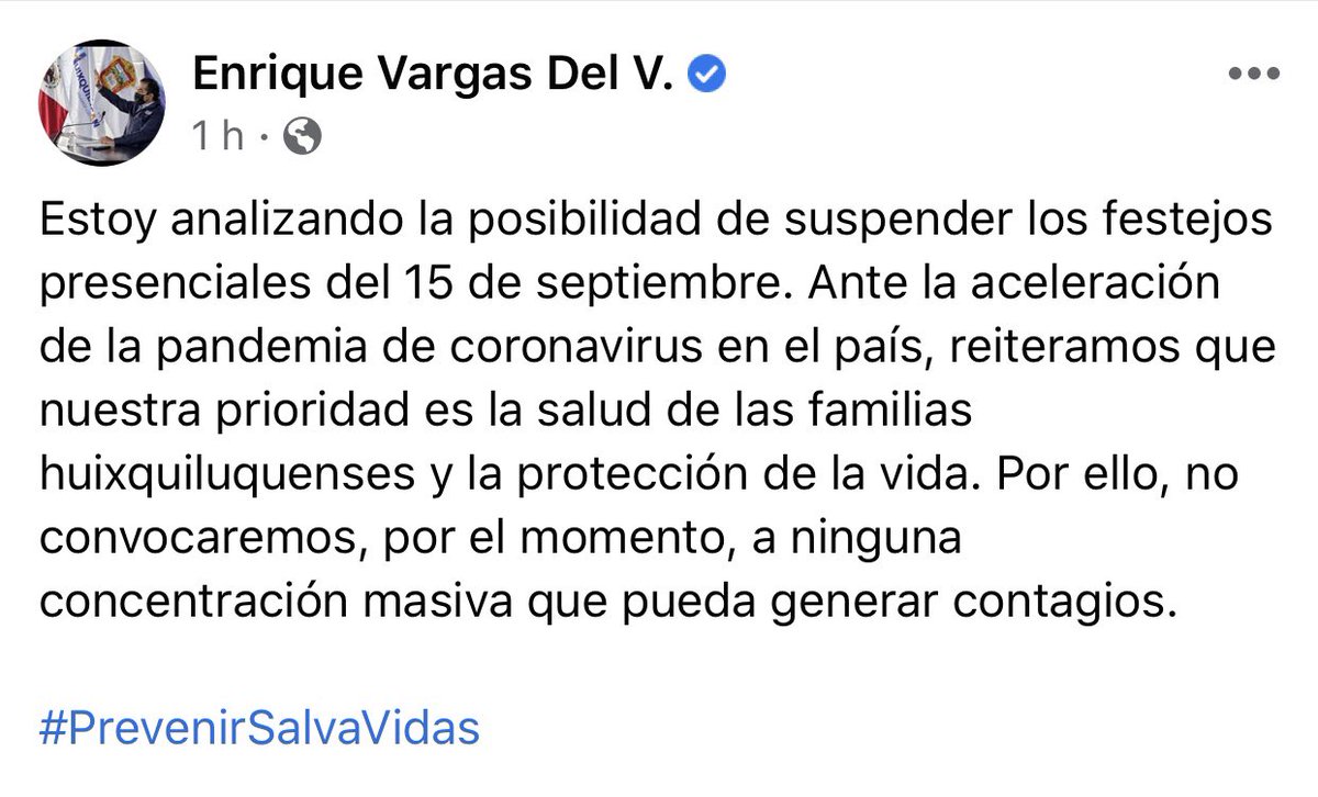 CapitalHXQ's tweet photo. #NoticiaHXQ El presidente municipal por medio de sus redes sociales informa que se analiza SUSPENDER los festejos patrios del 15 de septiembre de forma masiva debido a la pandemia de covid-19 en #Huixquilucan 🇲🇽 🦠 https://t.co/hYahivBH1Z