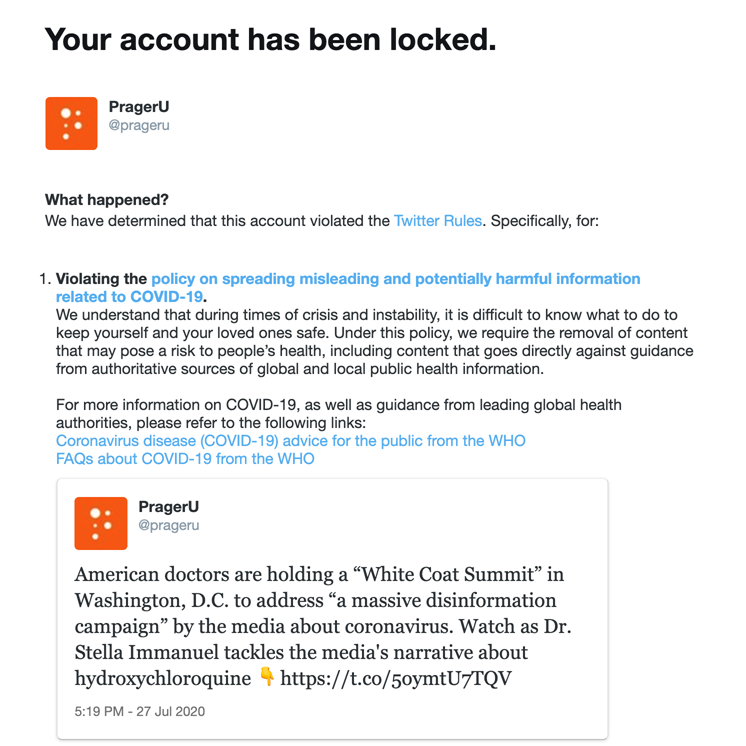 SenTedCruz's tweet photo. Outrageous to see @prageru, @marklevinshow, @DonaldJTrumpJr, and other conservatives silenced by @jack merely for expressing their opinions. We cannot let #BigTech be the arbiter of who is allowed to speak &amp; what they are allowed to say with respect to health or any other matter. https://t.co/4RPGFxIQ1c