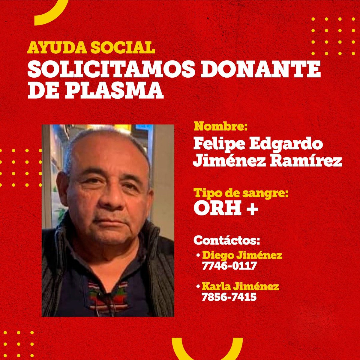DiegoJimnez's tweet photo. Buscamos donante de plasma para mi papá, urge!!! Si conocen a alguien se los agradeceré 🤗 https://t.co/MYdRQbzaix