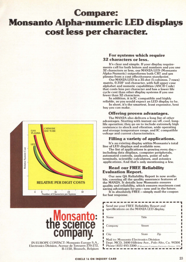 another Monsanto 7-segment LED display ad. MAN (in the part numbers) stands for Monsanto Alpha-Numeric!