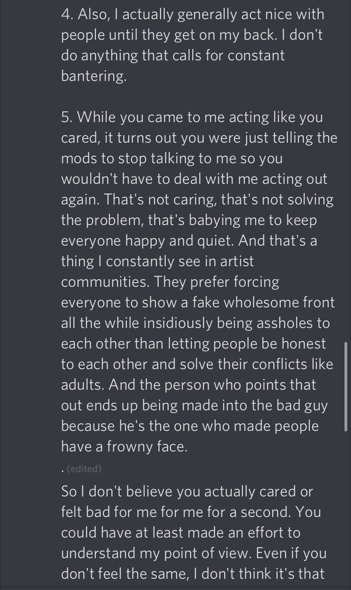 I’m being harrassed on Discord by a 31 year old man because a mod in my server said his horny joke wasn’t funny.Btw he rejoined just so he could spam hate + leave without me being able to reply then edited the message 30 mins later to tell me to go f- myself.Uh...don’t do this