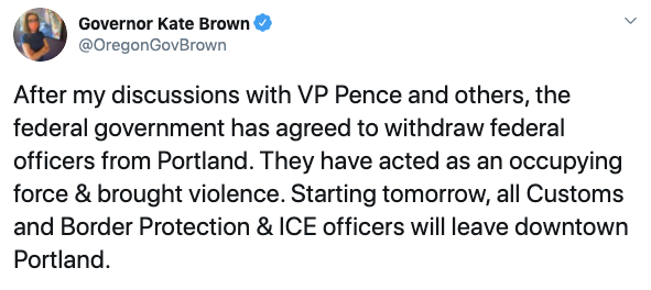 4. After the state of Oregon promised to provide better security around the federal court house in Portland (taking away the city streets that rioters used to stage their late-night assaults), the governor tweeted THIS: