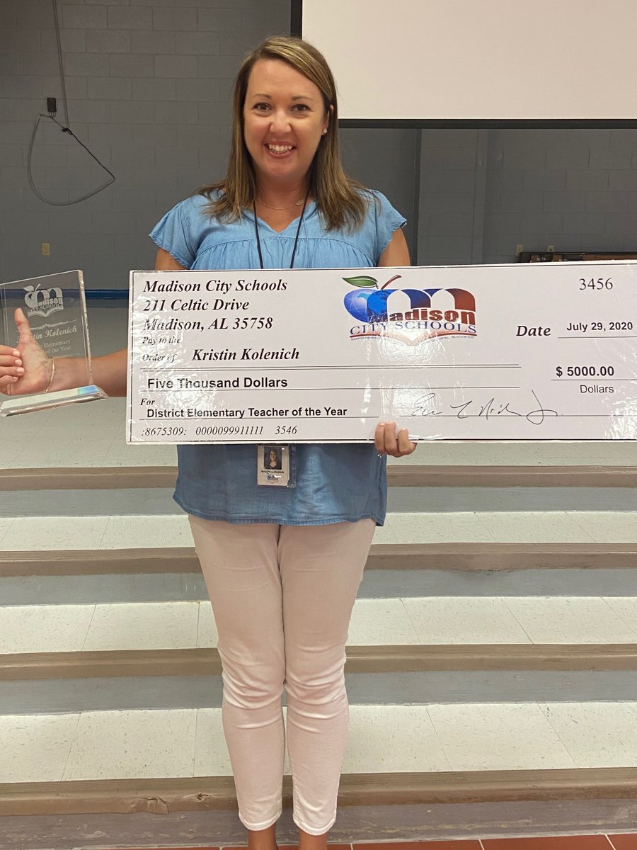 madisonschools's tweet photo. Meet the Madison City Schools District teachers of the year: Kristin Kolenich from Heritage Elementary, and Jessye Gaines from Bob Jones High School. The District Staff Member of the Year is David Jones from Heritage Elem. Congratulations! #mcslearn https://t.co/2xxSaXNcdO