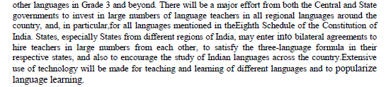 More on promoting language teaching, but 8th Schedule languages. Good to read this at least, but absence of mention of tribal languages disappointing so far.