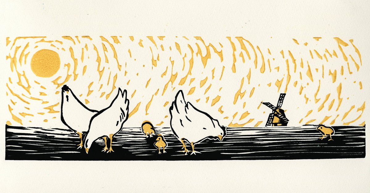 sunflowerslice's tweet photo. In the Field
33cm x 18cm
Linocut Print
2020

This is a hand-drawn, hand-carved and hand-printed piece depicting chickens in a sunny field. It has been printed on 425gsm, hot-pressed paper, which gives it a nice weight.
These prints are a series of 11

Available on my Etsy shop https://t.co/AAHqj56uhP