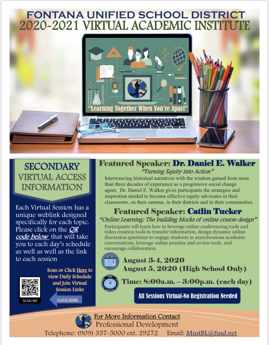 Join us for our Annual Academic Institute beginning on 8/3. Virtual sessions will include topics such as: blended learning, digital citizenship, access &amp; equity, and digital curriculum training. Don't miss out on this collaborative virtual learning opportunity! <a href="/FontanaUnified/">Fontana Unified</a>