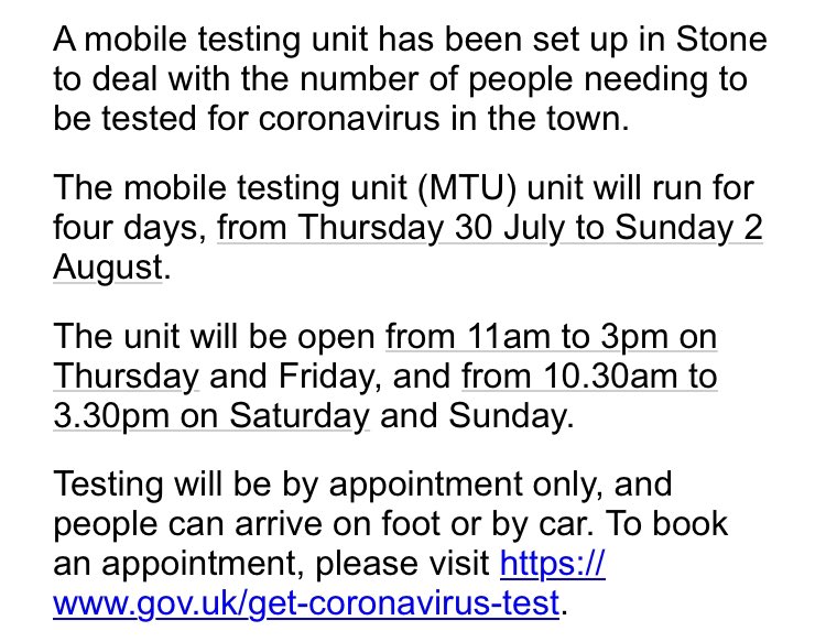 The testing site has now changed to appointment only and is now going to be open until Sunday. Details here 