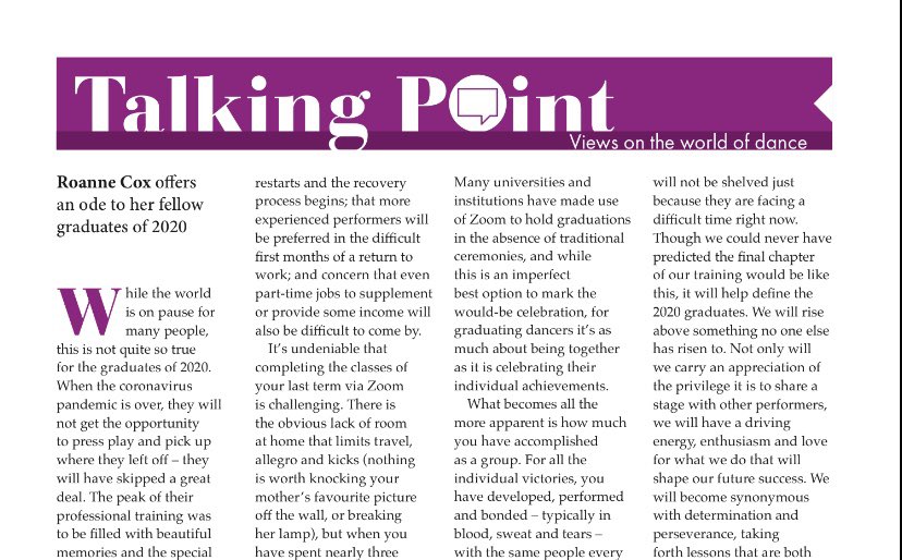 We are very proud of our recent graduate Roanne Cox who’s written an article about how she and fellow graduating students felt during the midst of the lock down/virtual learning. Her article is in this months <a href="/dancingtimes/">Dancing Times</a> 
#buyitnow #supportthearts #NBSfamily #zoom