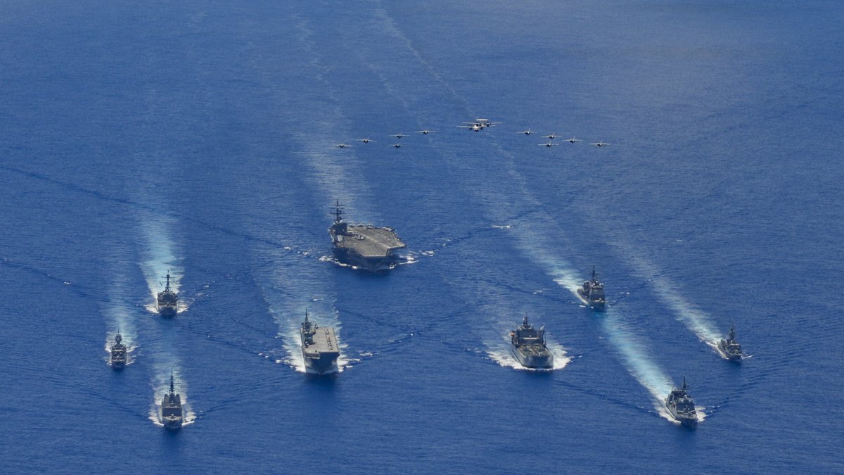 The #USSRonaldReagan carrier strike group, five Australian warships, and a Japanese destroyer conducted a trilateral naval exercise in the Philippine Sea last week. We and our allies will fly, sail, &amp; operate wherever international law allows. #AUSMIN2020