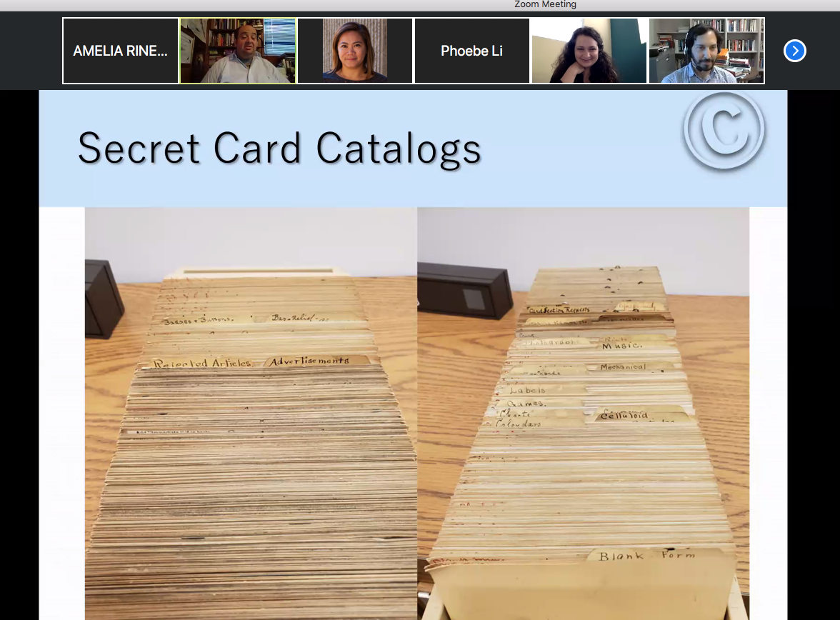 ameliarinehart's tweet photo. I am finally able to join an IPSC panel and now *teary* at how good it feels to think about IP things for a few minutes. @zvisrosen now telling me about secret card catalogues at the Copyright Office and I'm ... really into this. #ipsc2020 https://t.co/jr669JU2NS