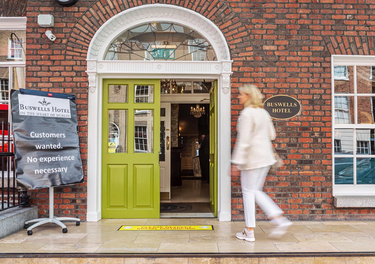 Gasheman's tweet photo. Customers wanted, no experience necessary, a sign outside @BuswellsHotel , Dublin.Pic by Gary Ashe #Staycation2020 #buswells #Dublin https://t.co/QMIUn7g0YC