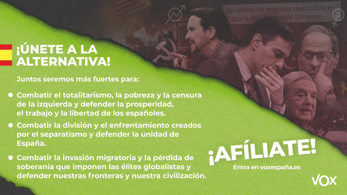 vox_es's tweet photo. ¡ÚNETE A VOX!

Forma parte de la alternativa que no tiene miedo a nada ni a nadie 💪🇪🇸

➡ ¿Cómo ser afiliado? https://t.co/ZLb6924lP4 https://t.co/kxUkLyYQMP