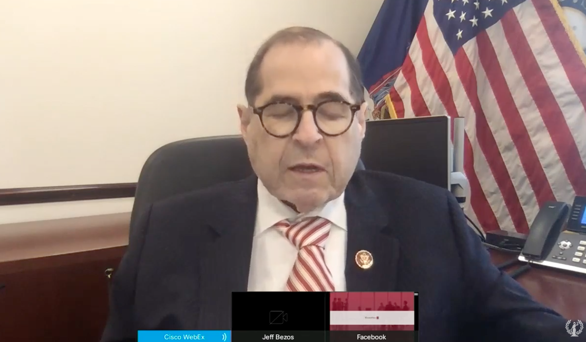 I think that's a WilmerHale screen (Facebook's law firm) on bottom labeled "Facebook" as  @RepJerryNadler makes opening statement. Reminds me when I testified against Google last year, they had reserved entire first row. It's why political will and bipartisan support are critical.