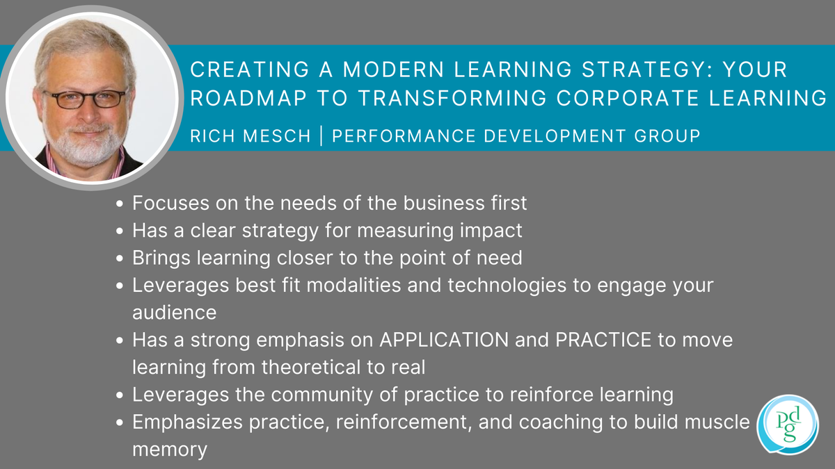 PerformDevGroup's tweet image. What are the components of a modern learning strategy that makes it flexible and adaptable to change? #TIWebinars