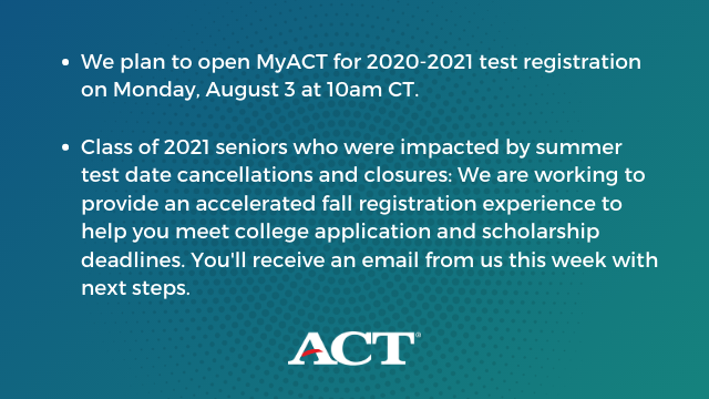 ACTStudent's tweet photo. Thank you for your patience. We’re continuing to work diligently to enhance system performance and deliver a reliable experience in MyACT. If you are looking to register for fall test dates, here’s what you should know 👇 https://t.co/53t1Ial0ac