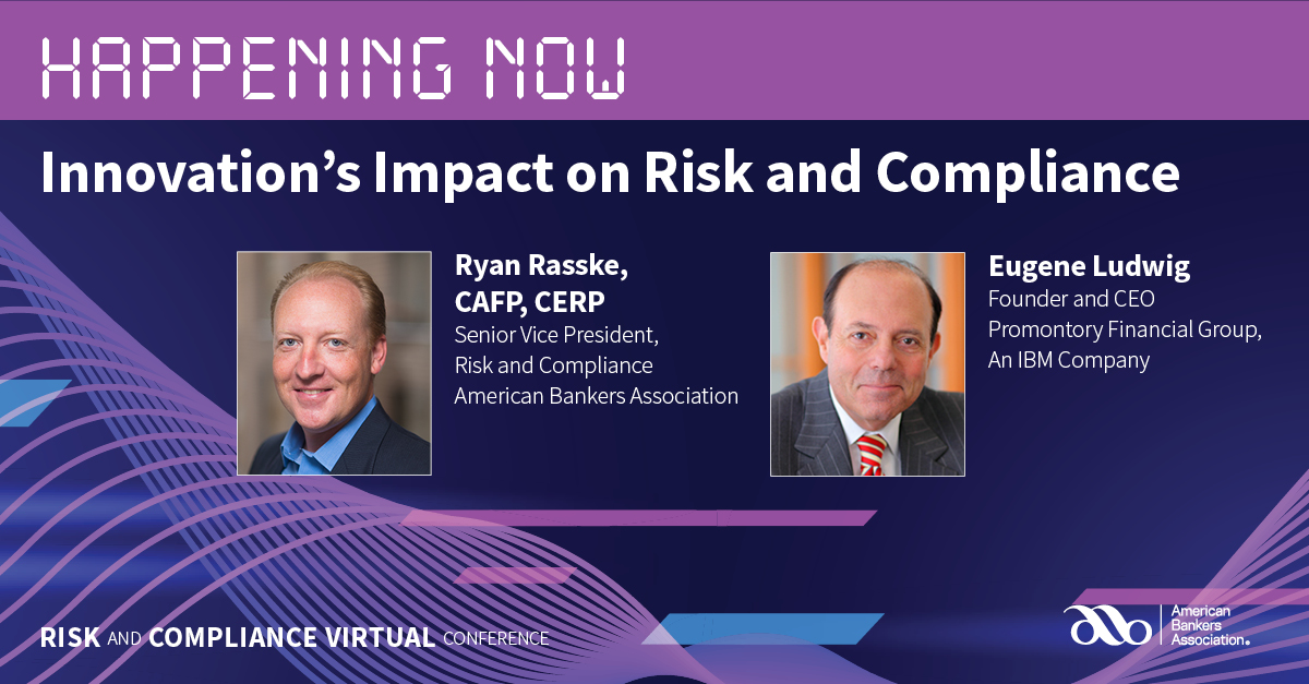 ABABankers's tweet photo. @RyanRasske @camdennational @BOKFinancial @360factors @denimsocial @Prom_MtgPath @CapitalOne @CenlarFSB @GaryMShiffman @Giant_Oak In the final #ABARCV General Session of the day, former Comptroller of the Currency and @PromontoryFG CEO @geneludwig joins @RyanRasske to discuss the latest technological and innovation impacts to the risk and compliance functions. https://t.co/H96g07V5PF