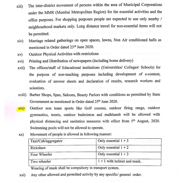 ANI's tweet photo. Outdoor non-team sports like Golf courses, outdoor firing range, outdoor gymnastics, tennis, outdoor badminton and malkhamb will be allowed with physical distancing &amp; sanitation measures from 5 August. Swimming pools will not be allowed to operate: Govt of Maharashtra. https://t.co/ru0TmYwNdJ