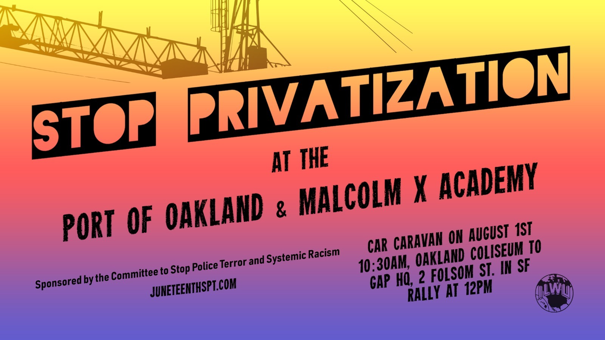 JuneteenthSPT's tweet photo. 🚗THIS SATURDAY: CARAVAN TO STOP PRIVATIZATION🚗

Stop the billionaire Fisher family from privatizing the Malcom X Academy &amp; the Port of Oakland. 

SCHEDULE 
10:30 am - Meet at Coliseum
12pm Rally at the Gap HQ in SF - (Owned by the Fishers)

Wear a mask! 😷

#TheBayIsNotForSale https://t.co/BxQxfarZrI