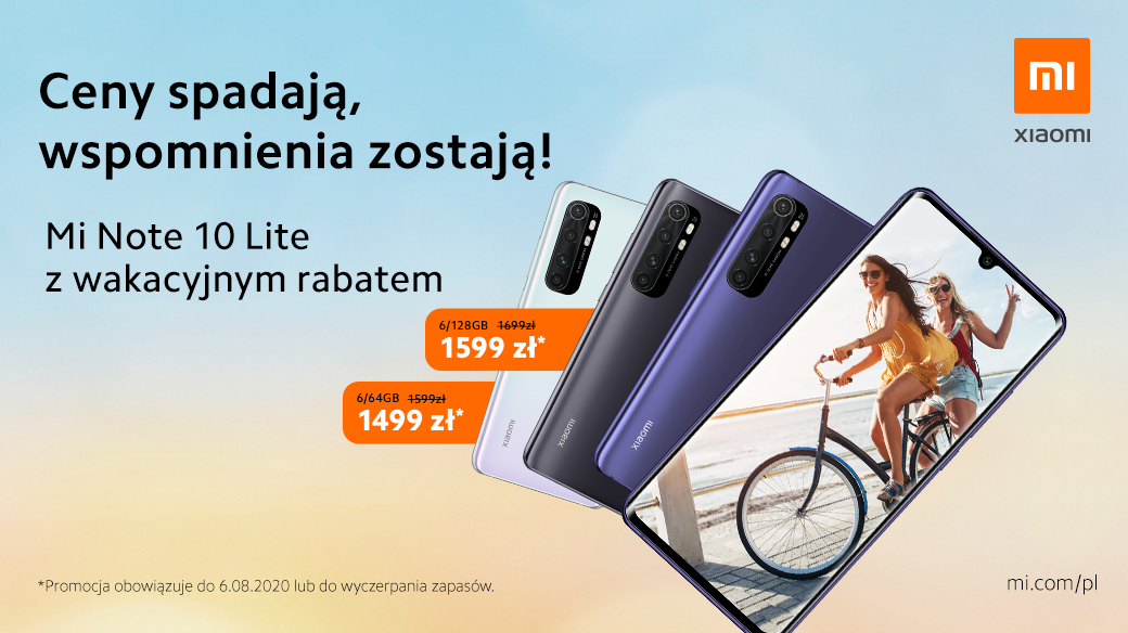 XiaomiPL's tweet photo. Ceny spadają, a wakacyjne wspomnienia w pamięci smartfona pozostają 😃
Skorzystaj z wakacyjnej promocji na #MiNote10Lite 🏖 Niższa cena tylko do 6 sierpnia!
#EpicCameraEpicDisplay https://t.co/UHbvI8FUHg