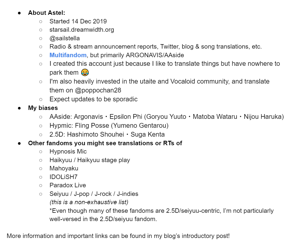 sailstella's tweet photo. 【Introduction】Welcome to Astel's translation parking lot! 【Guidelines】

(My blog's introductory post: https://t.co/QqfDwuOLa1)

✧･ﾟ: *✧･ﾟ:*✧･ﾟ: *✧

ARGONAVIS: #argnvstel 
Hypnosis Mic: #hypstel
Song lyrics: #songstel
Misc: #etcstel
+ #asteltalks #astelstruggles https://t.co/QBqomYD6Yo