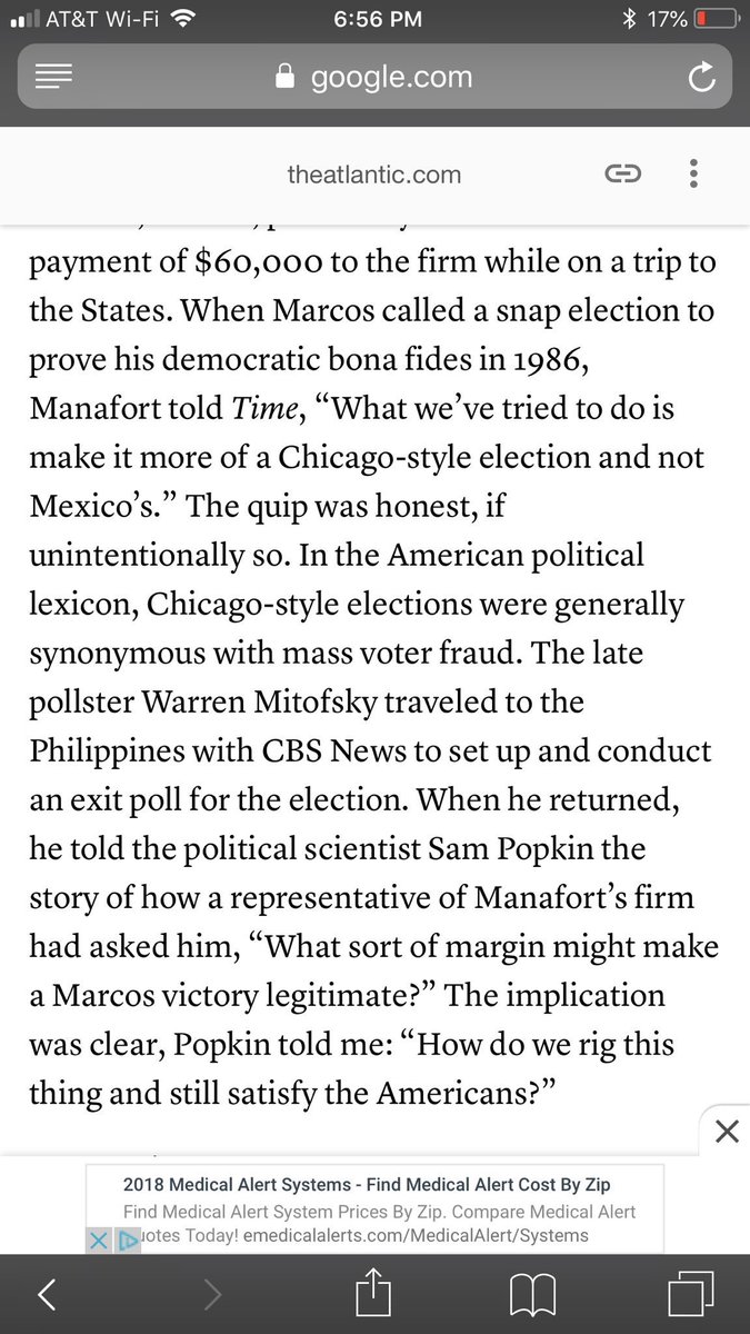 34/ In the 1980’s a pollster who went to the Philippines w/ CBS News, said a “representative of Manafort’s firm had asked him, ‘What sort of margin might make a Marcos victory legitimate?’“ https://www.theatlantic.com/magazine/archive/2018/03/paul-manafort-american-hustler/550925/