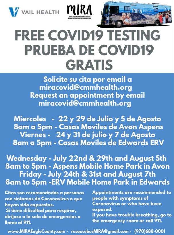 Eagle County Sheriff's Office (@eaglecountyso) on Twitter photo FREE COVID19 testing <a href="/bus_mira/">MIRA Bus</a> & <a href="/VailMedical/">Vail Health</a> in Avon Aspens MHP 7/29 & 8/5 or in Edwards ERV MHP 7/31 & 8/7 email for appointment: miracovid@cmmhealth.org or call (970) 688-0001 for info. FREE COVID19 testing <a href="/bus_mira/">MIRA Bus</a> & <a href="/VailMedical/">Vail Health</a> in Avon Aspens MHP 7/29 & 8/5 or in Edwards ERV MHP 7/31 & 8/7 email for appointment: miracovid@cmmhealth.org or call (970) 688-0001 for info.