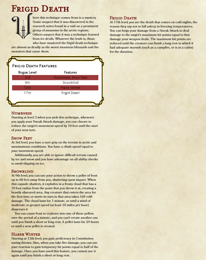 DungeonsAndDans's tweet photo. The frigid death rogue subclass. Slow your foes and use snow and frost as weapons against them. Be as lethal as an arctic blizzard. #dnd5e #homebrew https://t.co/Tn5ATvYzVx