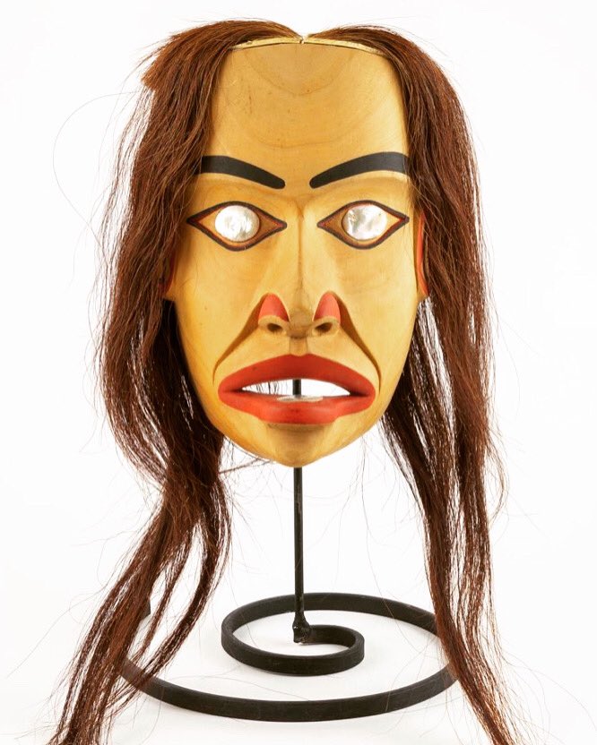 markloriaart's tweet photo. Indigenous Art of the Day - "Young Woman" Mask, 1991 by Patrick Amos (Nuu-chah-nulth). A beautifully carved yellow cedar portrait mask with horse hair, paint and mother of pearl inlay. #nuuchahnulthart #mowachaht #northwestcoastart #indigenousart #canadianart https://t.co/J1pr4yYUmz