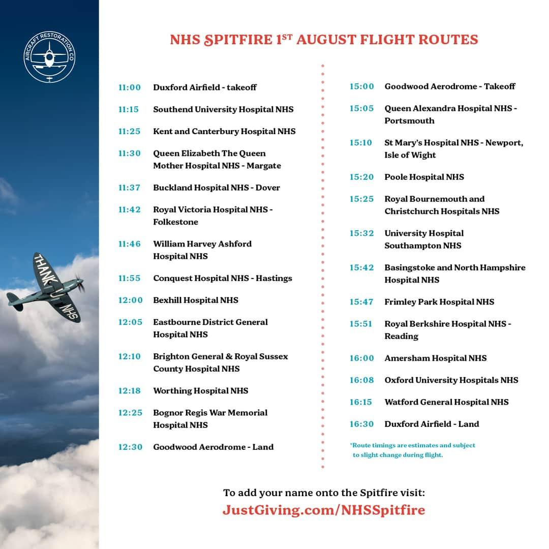 AirDisplaysUK's tweet photo. This weekend's (Aug.1st) "NHS Spitfire" flypasts route and schedule, courtesy of the ARCo. #nhsspitfire #avgeek #thankunhs #aduk https://t.co/l9VHMJoveE