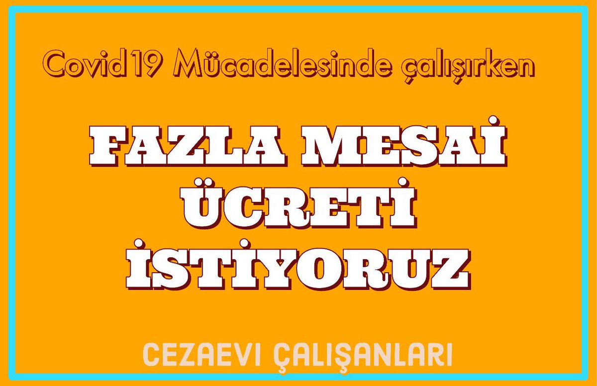 #FazlamesaiyeÜCRET
Koronavirüs tedbirleri sebebiyle evimizden ayrı CEZAEVLERİNDE görev yapıyoruz.Fazla Çalışma Karşılığı İzin yerine Ücret istiyoruz. 
<a href="/RTErdogan/">Recep Tayyip Erdoğan</a>
<a href="/abdulhamitgul/">Abdulhamit Gül</a>
<a href="/zekeriyabirkan/">Zekeriya Birkan</a>
<a href="/KusUgurhan/">Uğurhan KUŞ</a>
<a href="/fuatoktay/">Fuat Oktay</a>
<a href="/BeratAlbayrak/">Berat Albayrak</a>
<a href="/adalet_bakanlik/">T.C. Adalet Bakanlığı</a>
<a href="/ctekurumsal/">Ceza ve Tevkifevleri Genel Müdürlüğü</a>
<a href="/ailevecalisma/">Cshabakanligi</a>