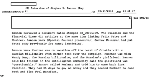 According to FBI, Bannon knew Kushner was on vacation “with Wendy Deng Murdoch, a Russian billionaire, and the Russian's girlfriend [Daria Strokous?]”. Steve Bannon “said his friends in the intelligence community said the girlfriend was "questionable."  https://www.wonkette.com/the-mueller-memos-it-was-ivanka-in-croatia-with-the-russia-oligarch-the-whole-time