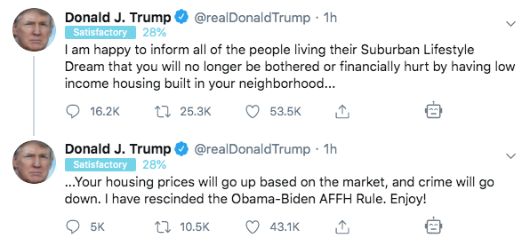 6/ And now, today, we have Donald Trump putting out one of the most monstrous tweets in presidential history: a tweet aimed at telling suburban whites that he has rescinded an order by a black president—and Joe Biden—that put more Black people and crime into their neighborhoods: