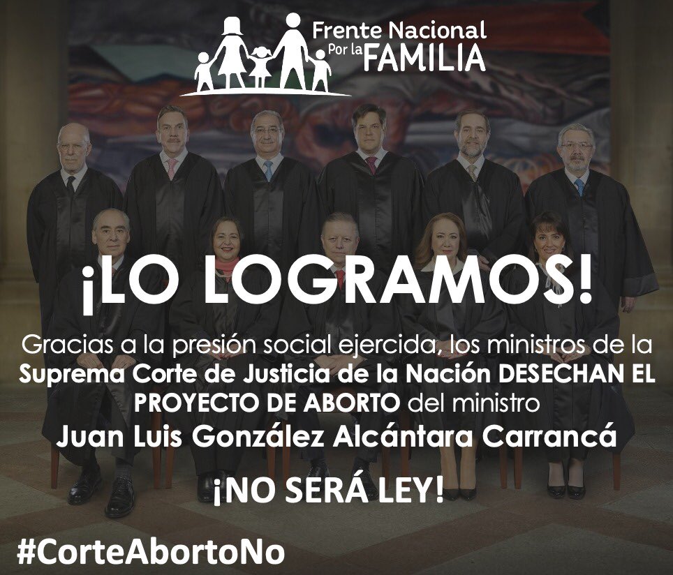Gracias a los ciudadanos, legisladores y ONGs que nos unimos para defender la Vida, hoy la SCJN desechó el proyecto del aborto.

Una vez más demostramos que unidos podemos con todo.💪🏻 #SalvemosLas2Vidas #MexicoEsProvida
