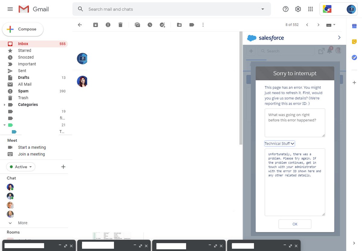 clougee13's tweet photo. @asksalesforce @bobcrankypants HI @asksalesforce We are having this issue consistently since going to Summer 20... We are also using the "new" google chat - in Chrome Version 84.0.4147.105 (64-bit) Users are "up in arms" and I'm hearing it from both coasts! https://t.co/qFaH6tAmMK