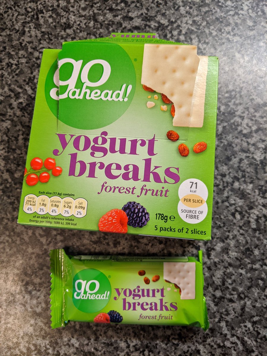 Look in your kitchen cupboard, you'll find this nonsense everywhere.Go Ahead Yogurt Breaks! They come in five individually-wrapped packs. "Only 71 kcal! [whispered voice] (per slice)." Each of those individually-wrapped packs is two slices. You have to remember to double it.