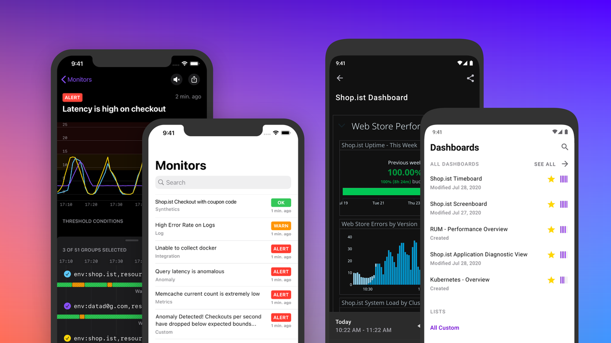 datadoghq's tweet photo. The Datadog mobile app is here! Simplify your on-call experience with instant access to your dashboards and alerts—from anywhere: https://t.co/Fbkoob4SWs https://t.co/9yPJYg46U6
