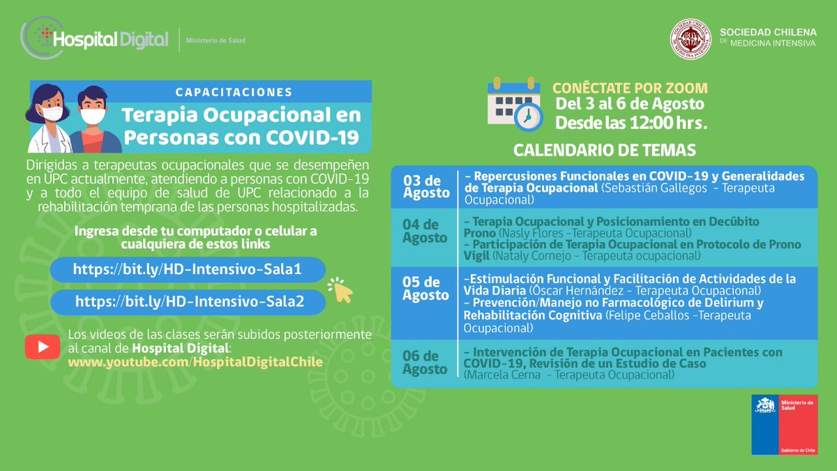 ¿Eres terapeuta ocupacional? Únete a la capacitación en línea "Terapia Ocupacional en Personas con COVID-19", organizado en conjunto con la <a href="/sochimioficial/">SOCHIMI</a>. 🗓️ Desde el 3 al 6 de agosto | 12.00 hrs.
 
Links de acceso vía Zoom:
bit.ly/HD-Intensivo-S…
bit.ly/HD-Intensivo-S…