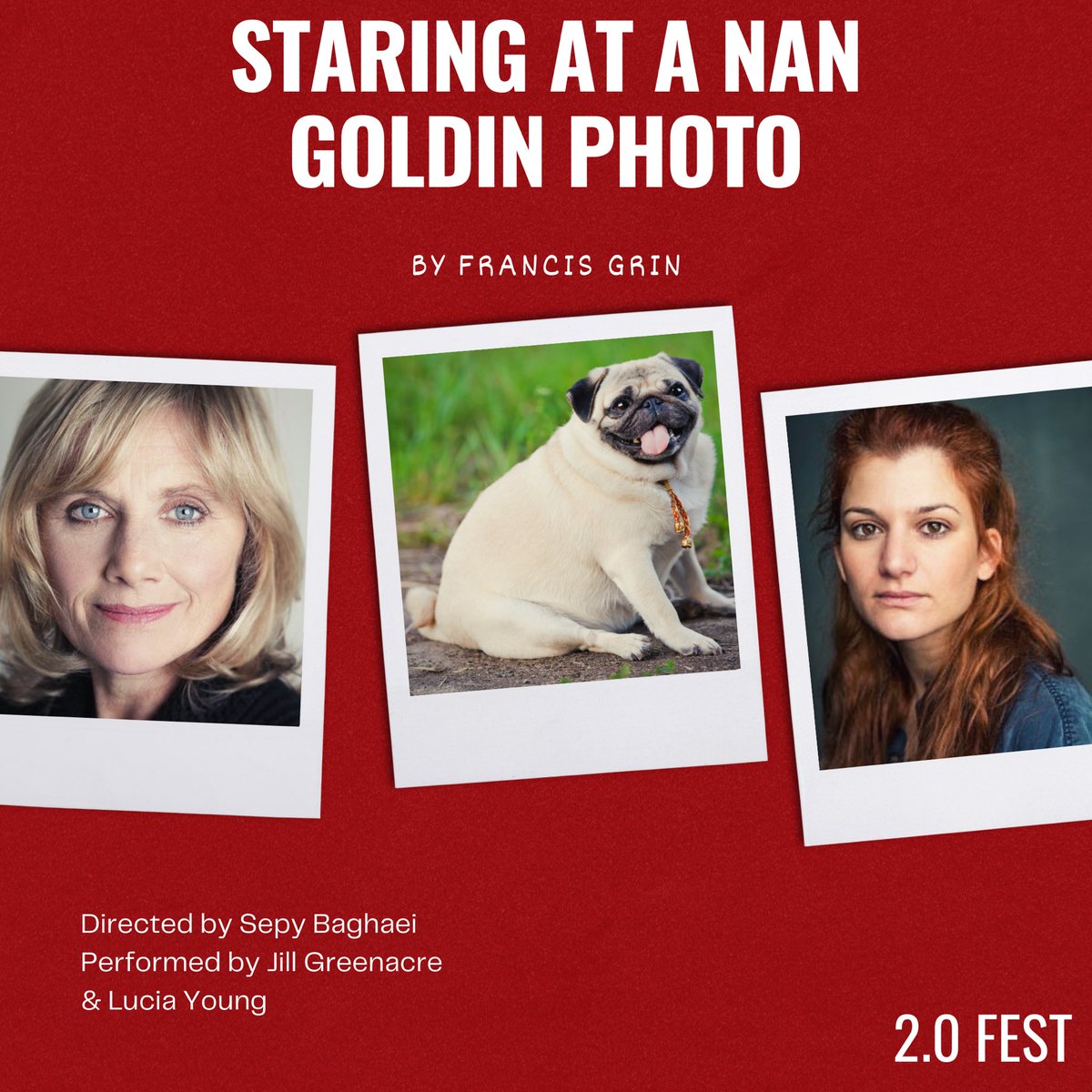 2.0 Fest FRIDAY
‘Staring at a Nan Goldin Photo’ 
by Francis Grin
Directed by Sepy Baghaei
Performed by Jill Greenacre and Lucia Young

‘Laura’s been crying all day. To lighten the mood, her mum plays a game over FaceTime – but what’s Laura really mourning?’