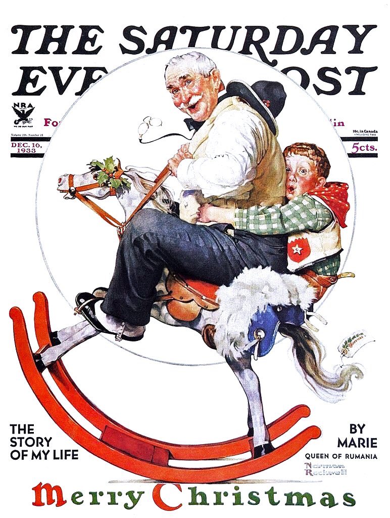 Rockwell moved around a good bit but much of his work reflected the concerns of small town life in NE US, particularly Arlington & Stockbridge. No Peeking (1929), Ladies’ Home Journal (1932), Grandpa & Rocking Horse (1933) & On Top of the World (1934)