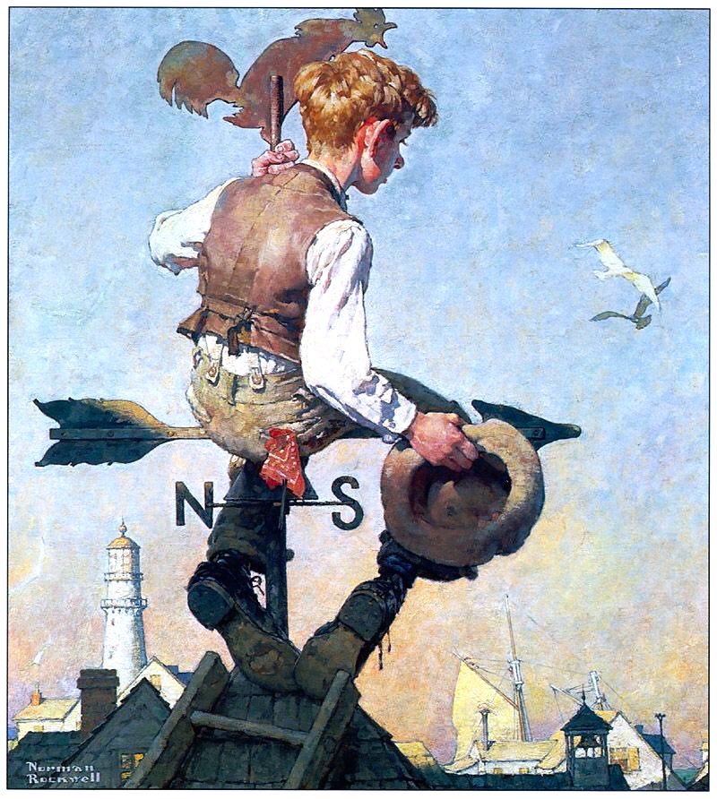 Rockwell moved around a good bit but much of his work reflected the concerns of small town life in NE US, particularly Arlington & Stockbridge. No Peeking (1929), Ladies’ Home Journal (1932), Grandpa & Rocking Horse (1933) & On Top of the World (1934)