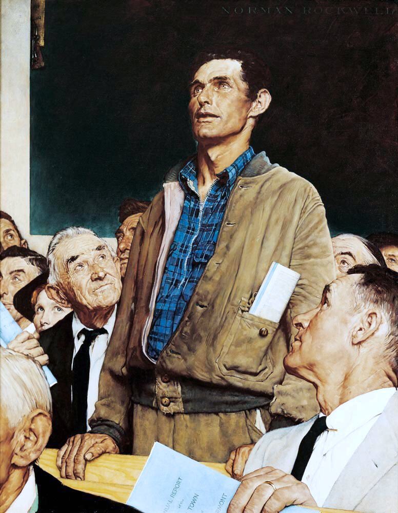 1943 resulted in his most famous series of images - the four freedoms - which appeared in the SEP. He considered the Speech painting the finest of the four. These images of Speech, Want, Religion & Fear speak to us in a way that underlines the genius of Rockwell
