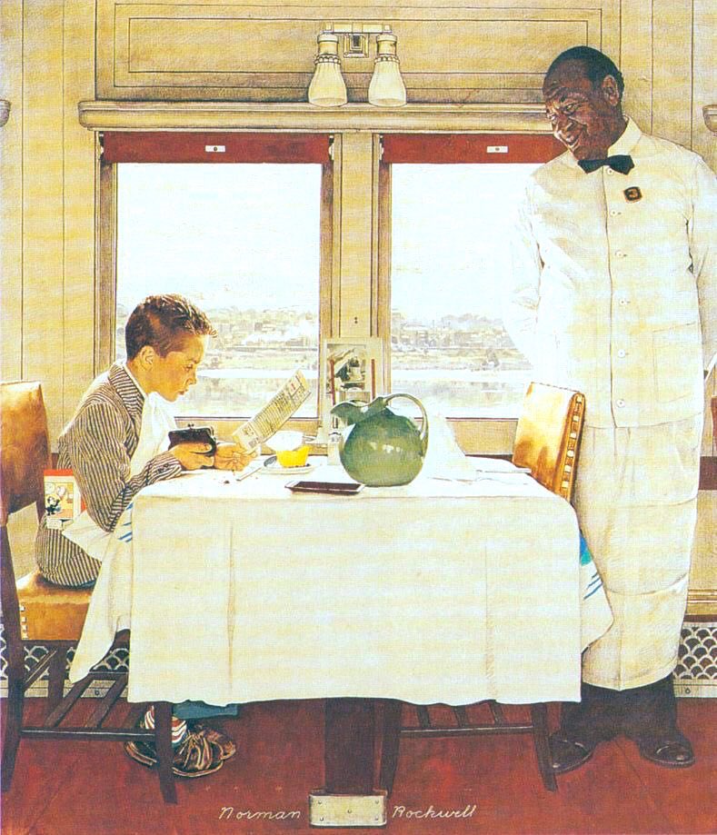 Framed (1946) is a delightful piece of humour! Boy in Dining Car (1947) - note Rockwell was obliged by SEP to portray the African American as subservient yet imbued him with dignity. Christmas Homecoming (1948) & Curiosity Shop (1948)