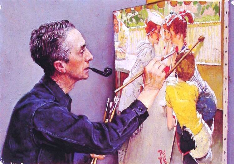 Rockwell approached the role of women with an avant-garde viewpoint. His interest was driven by character & not gender when story-telling. Veterinarian (1952), Black Eye (1953), Rockwell Painting the Soda Jerk (1953) & Breaking Home Ties (1954)
