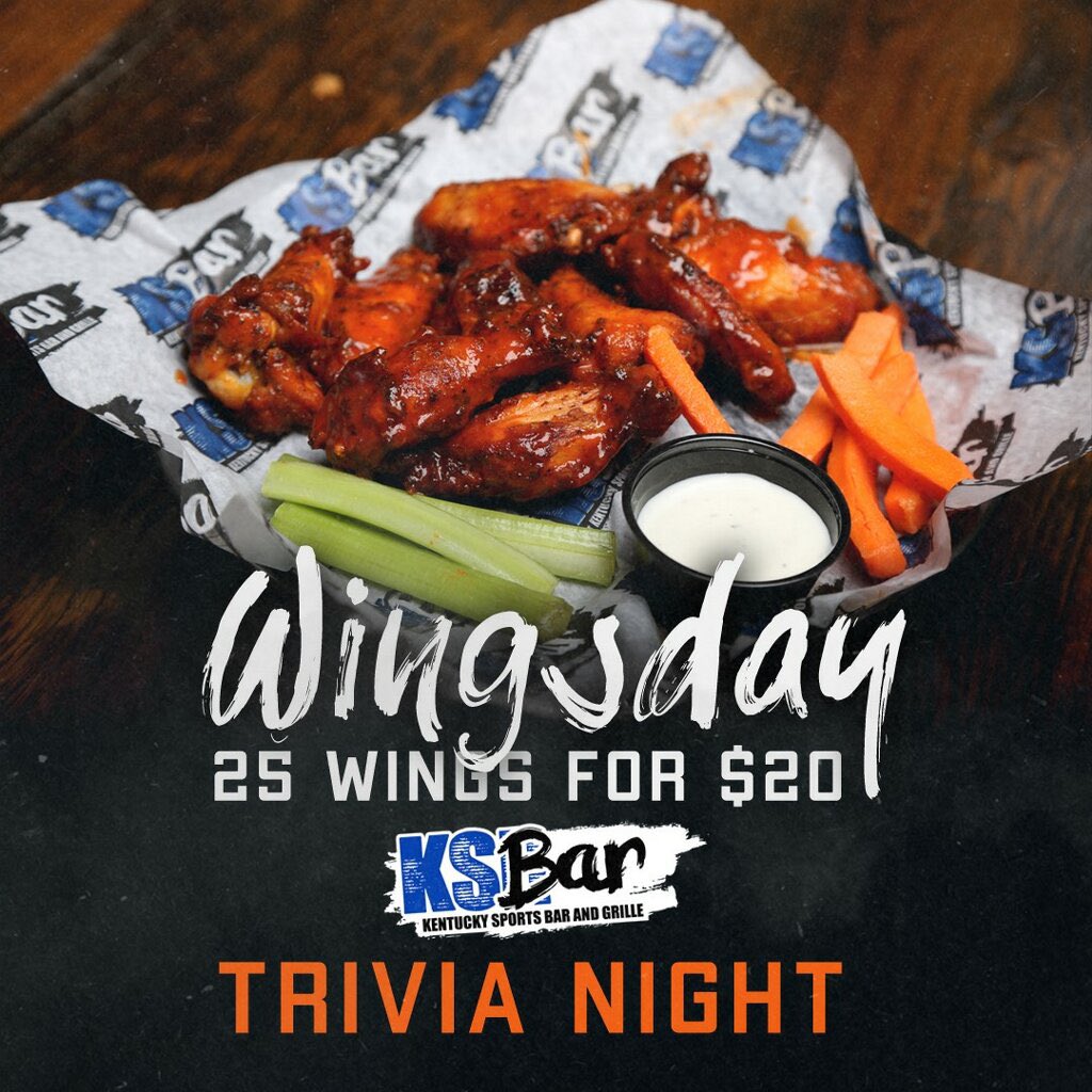 KySportsRadio's tweet image. It’s Wings Day ⁦@KSBarAndGrille⁩ for Trivia tonight

25 wings for $20 bucks. 

That’s crazy but come get some and play trivia or carry them out