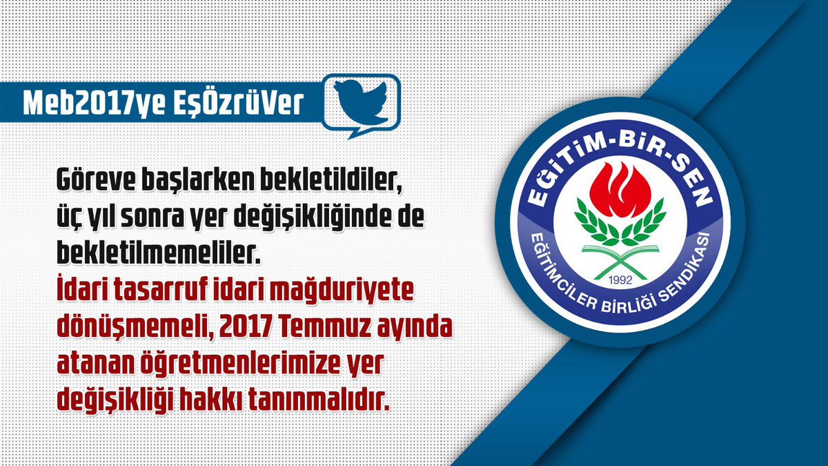Göreve başlarken bekletildiler, üç yıl sonra yer değişikliğinde de bekletilmemeliler.
İdari tasarruf idari mağduriyete dönüşmemelidir.
2017 Temmuz ayında atanan öğretmenlerimize yer değişikliği hakkı tanınmalıdır.

Meb2017ye EşÖzrüVer