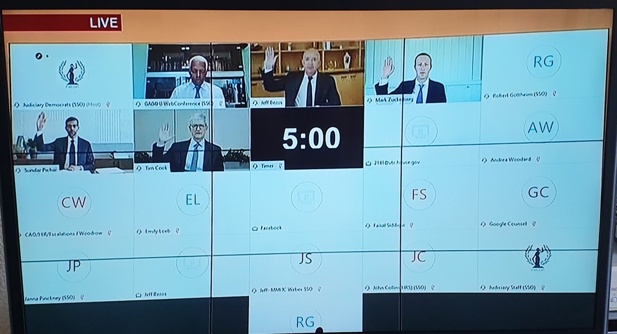 USTechFin's tweet photo. The 'fantastic four' of Big #UStechfin  #MarkZuckerberg #Facebook; #JeffBezos #Amazon; #TimCook #Apple; and #SundarPichai #Google each swear before giving evidence before the antitrust subcommitte. https://t.co/mkdtJKHWOT