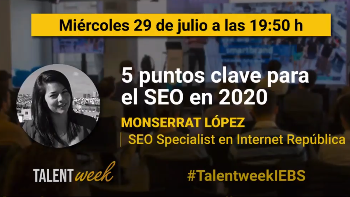 Luisalonsoglez's tweet photo. Muy interesante la ponencia de Monserrat López sobre "5 puntos clave para el #SEO en 2020" #MarketingDigital #TalentWeekIEBS @iebschool https://t.co/IZPsqvrYyT