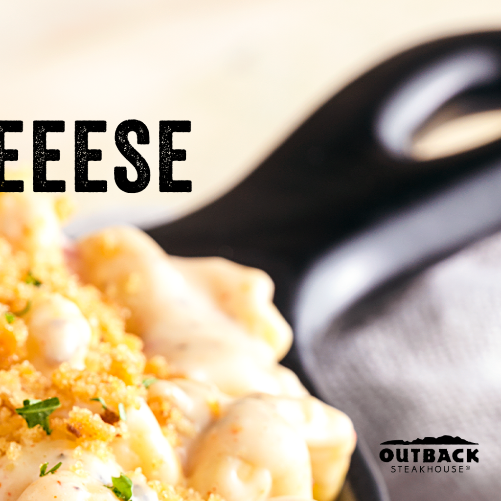 Outback's tweet image. We brought back the Steakhouse Mac &amp;amp; Cheese because we like making people smile while they chew.