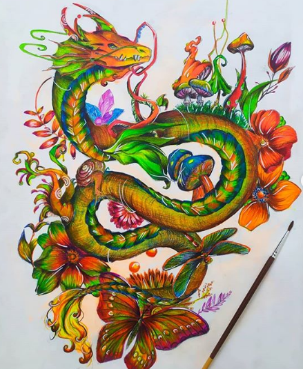 Numéro 7 : Adèle Juliard dont je n'ai pas le Twitter mais qui se révèle être une dessinatrice amatrice hors pair sur son Instagram (latempeteadele). Je vous laisse en juger avec notamment un dessin mêlant dragon, serpent et nature et sortant pour le moins de l'ordinaire !