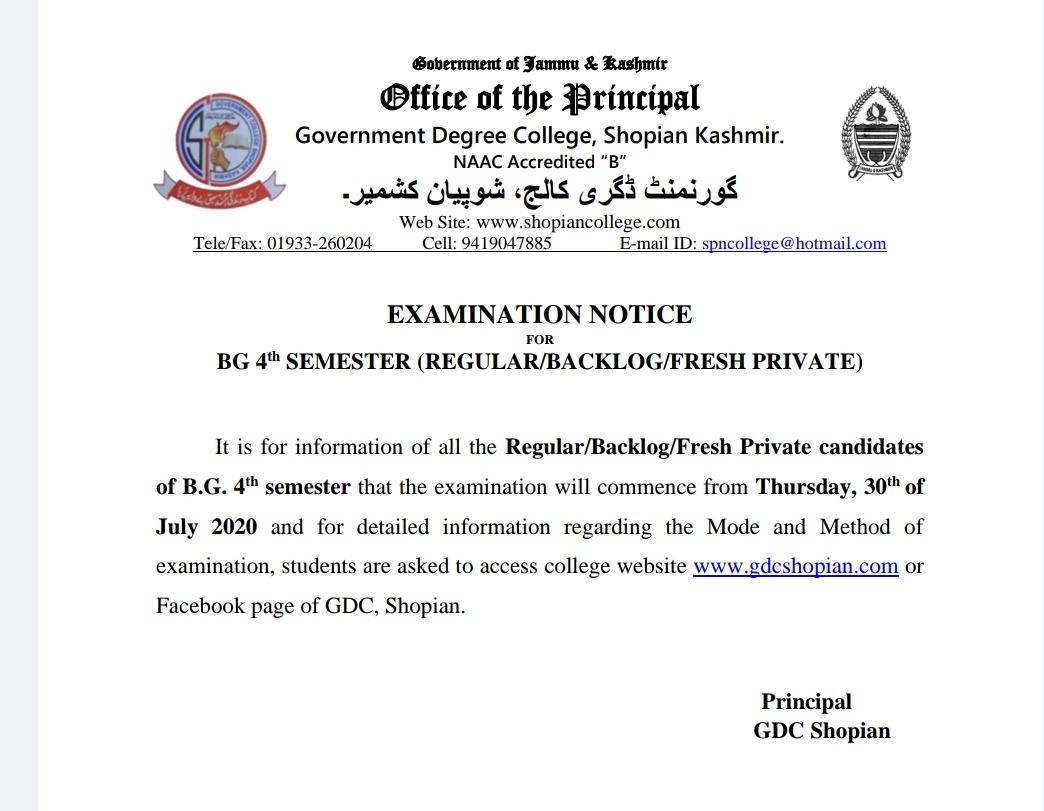 GDCSHOPIAN1's tweet photo. Examination Notice regarding BG 4th Semester. https://t.co/ZD1S4Vb0VS
